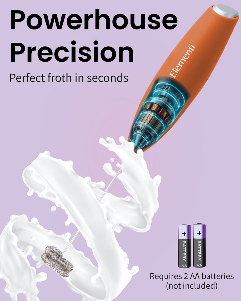 Elementi Milk Frother Wand - Easy to Use Handheld Electric Stirrer for Powder Drinks, Durable & Powerful Coffee Whisk & Protein Powder Mixer Wand, Hand Frother, Coffee Stirrers Electric Mini (Orange) - Image 3